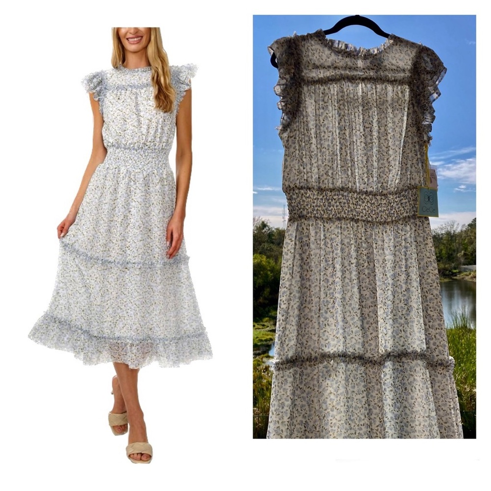 CeCe Ruffle Sleeve Ruched Waist Dress New Ivory Size:1X MIDI